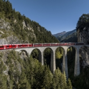 The Bernina Express operated by Rhaetian Railway crossing Landwasser Viaduct