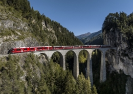 The Bernina Express operated by Rhaetian Railway crossing Landwasser Viaduct