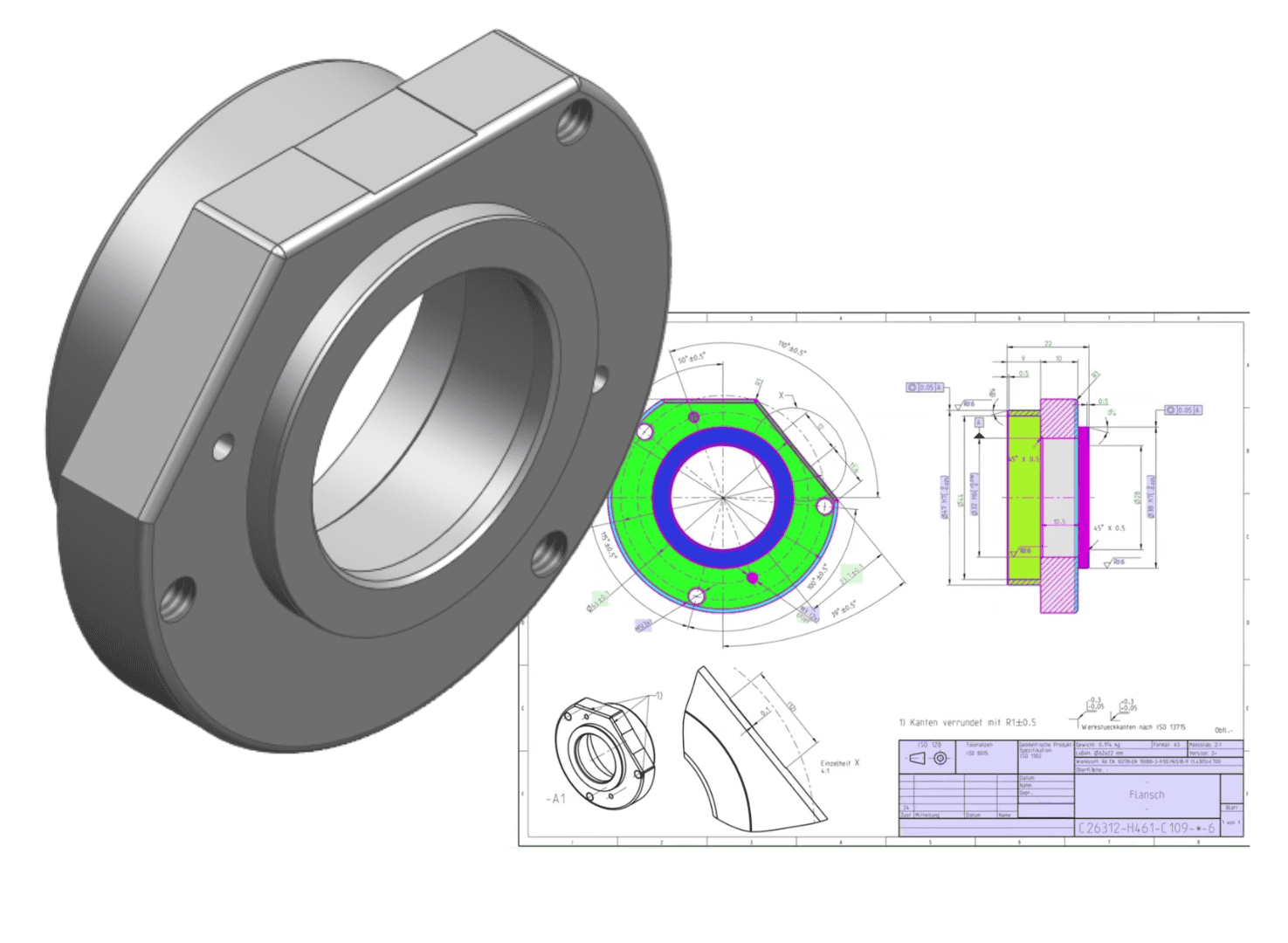 3D-Modell plus technische Zeichnung