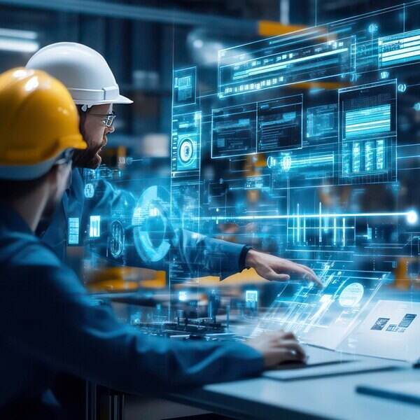 Fit for AI Zwei männliche Ingenieure in einer Fabrikumgebung, die Daten auf einem großen digitalen Bildschirm auswerten.
